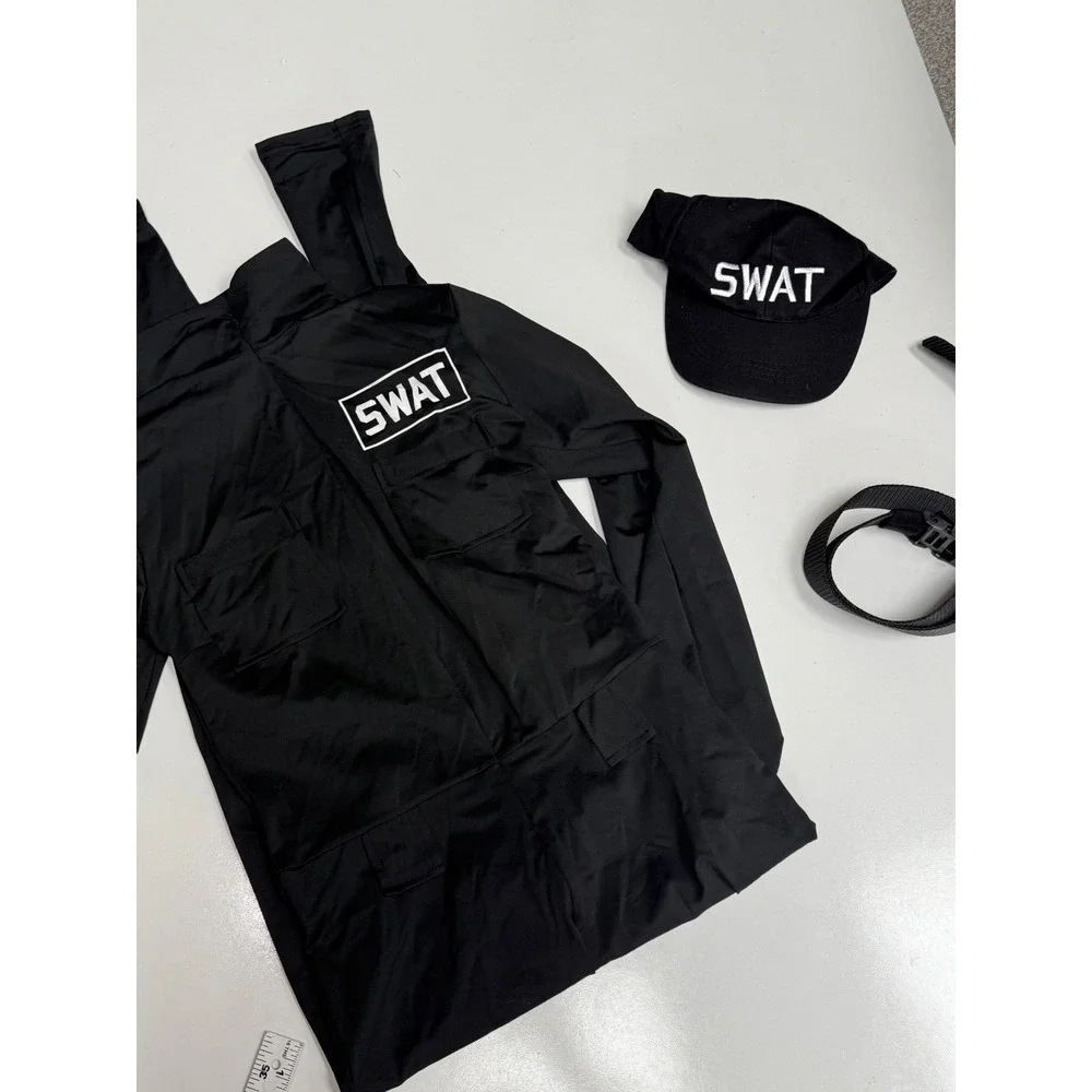 Spirit Halloween SWAT Catsuit Adult Costume Medium 8-10 Black Jumpsuit Hat Belt - Picture 2 of 2